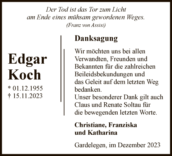 Todesanzeige von Edgar Koch von UEL