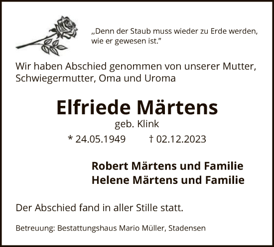 Todesanzeige von Elfriede Märtens von UEL