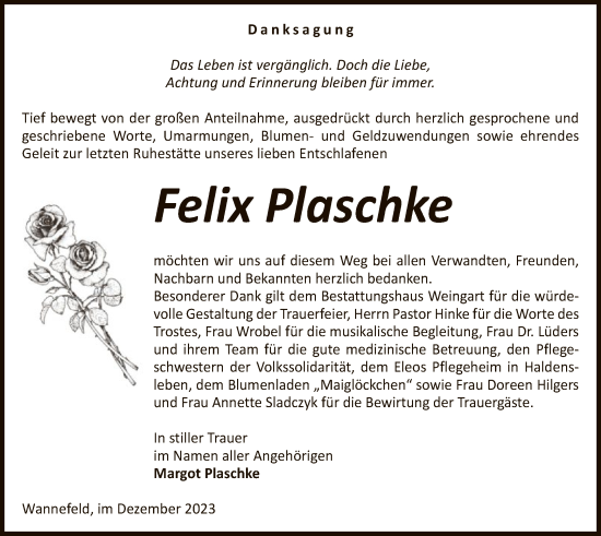 Todesanzeige von Felix Plaschke von UEL