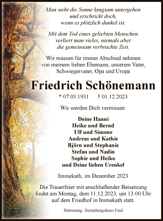 Todesanzeige von Friedrich Schönemann von UEL