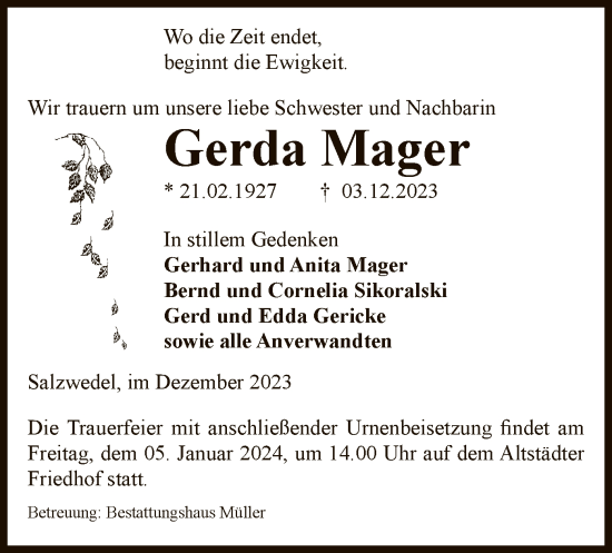 Todesanzeige von Gerda Mager von UEL