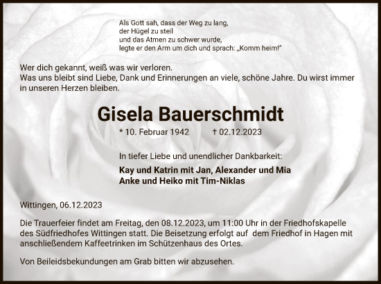 Todesanzeige von Gisela Bauerschmidt von UEL