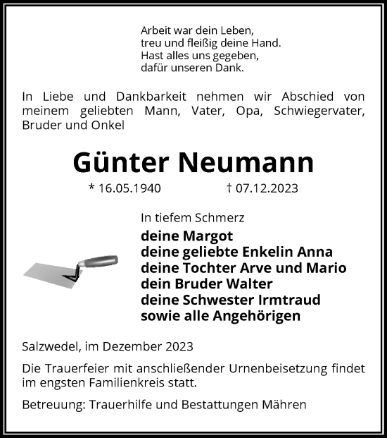 Todesanzeige von Günter Neumann von UEL