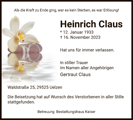 Todesanzeige von Heinrich Claus von UEL
