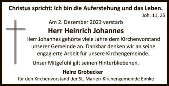 Todesanzeige von Heinrich Johannes von UEL