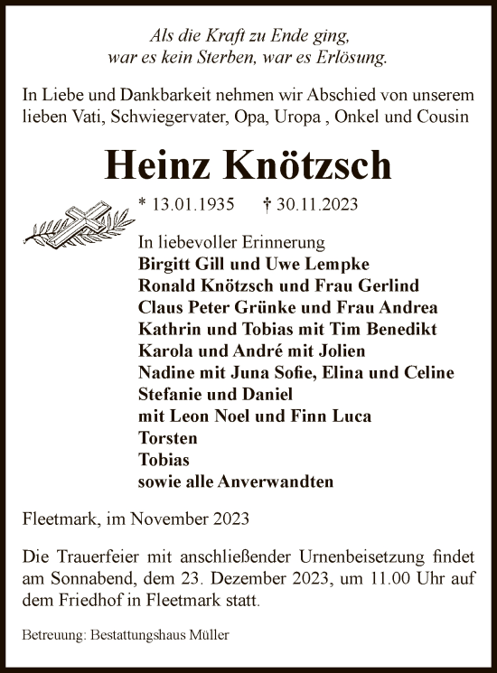 Todesanzeige von Heinz Knötzsch von UEL