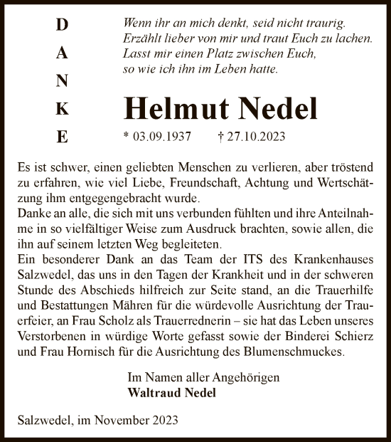 Todesanzeige von Helmut Nedel von UEL