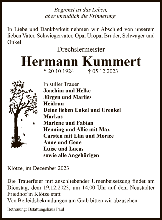 Todesanzeige von Hermann Kummert von UEL