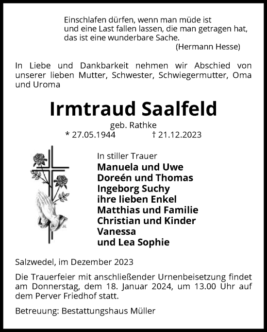 Todesanzeige von Irmtraud Saalfeld von UEL