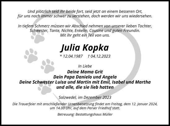 Todesanzeige von Julia Kopka von UEL