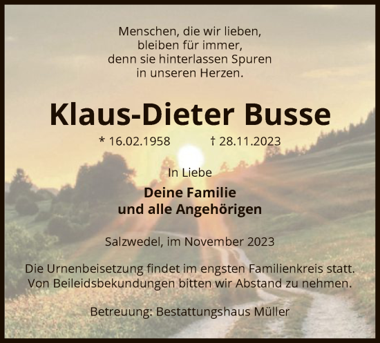 Todesanzeige von Klaus-Dieter Busse von UEL