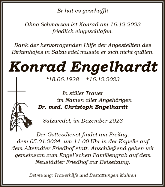 Todesanzeige von Konrad Engelhardt von UEL
