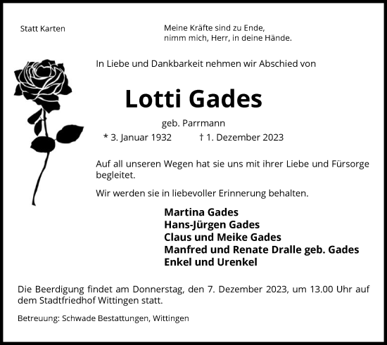 Todesanzeige von Lotti Gades von UEL