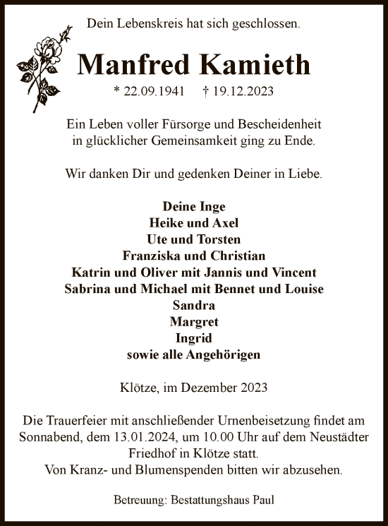 Todesanzeige von Manfred Kamieth von UEL