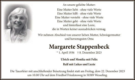 Todesanzeige von Margarete Stappenbeck von UEL