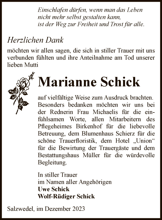 Todesanzeige von Marianne Schick von UEL