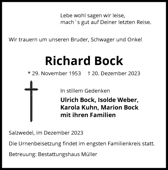 Todesanzeige von Richard Bock von UEL