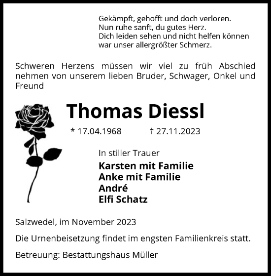 Todesanzeige von Thomas Diessl von UEL