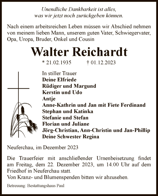 Todesanzeige von Walter Reichardt von UEL