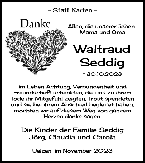 Todesanzeige von Waltraud Seddig von UEL