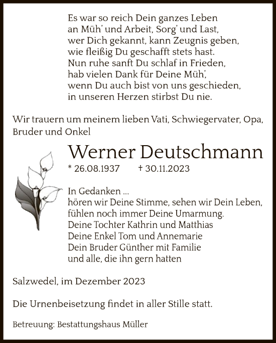 Todesanzeige von Werner Deutschmann von UEL