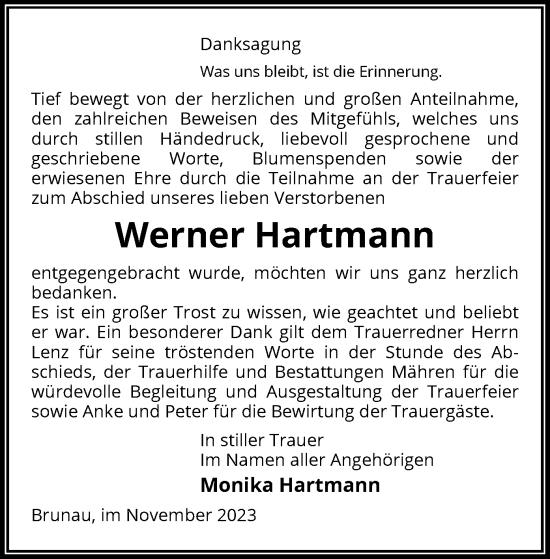 Todesanzeige von Werner Hartmann von UEL