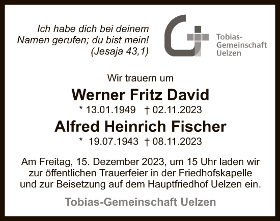Todesanzeige von Werner Fritz und Alfred Heinrich David und Fischer von UEL