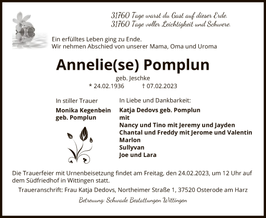Todesanzeige von Anneliese Pomplun von UEL