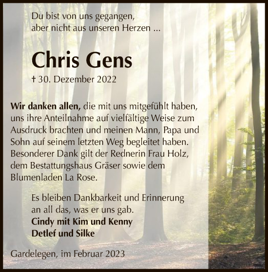 Todesanzeige von Chris Gens von UEL