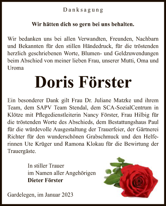 Todesanzeige von Doris Förster von UEL