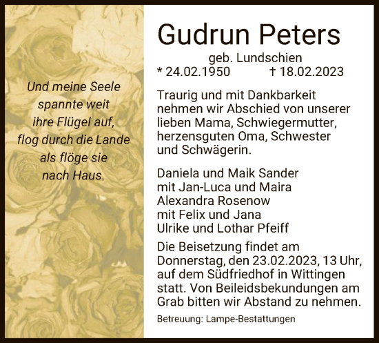 Todesanzeige von Gudrun Peters von UEL