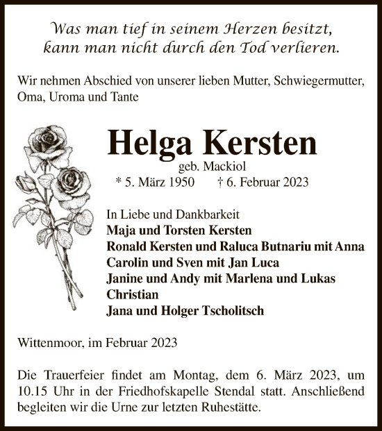 Todesanzeige von Helga Kersten von UEL