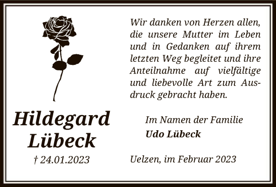 Todesanzeige von Hildegard Lübeck von UEL