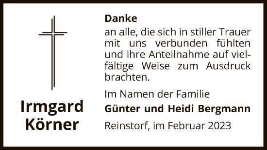 Todesanzeige von Irmgard Körner von UEL