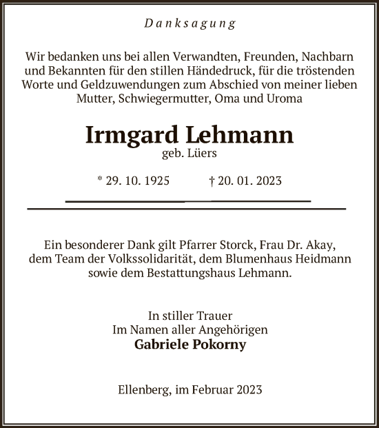 Todesanzeige von Irmgard Lehmann von UEL