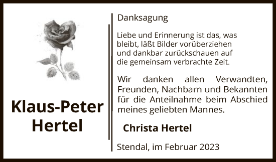 Todesanzeige von Klaus-Peter Hertel von UEL