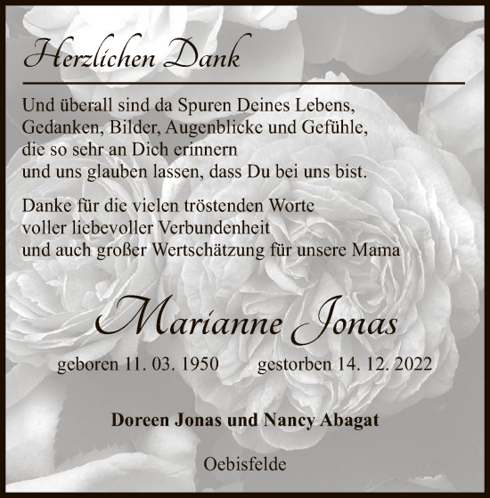Todesanzeige von Marianne Jonas von UEL
