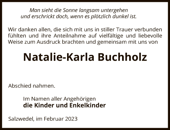 Todesanzeige von Natalie-Karla Buchholz von UEL