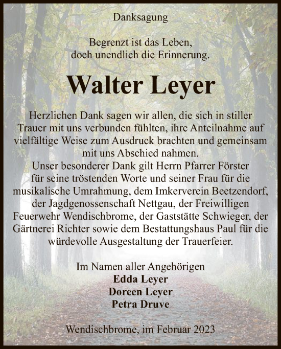 Todesanzeige von Walter Leyer von UEL