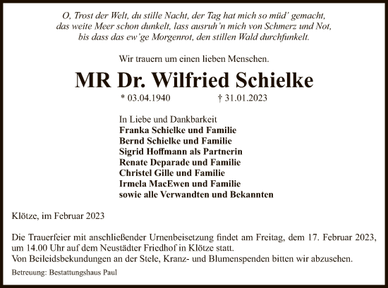 Todesanzeige von Wilfried Schielke von UEL