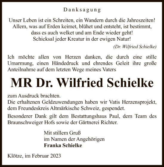 Todesanzeige von Wilfried Schielke von UEL