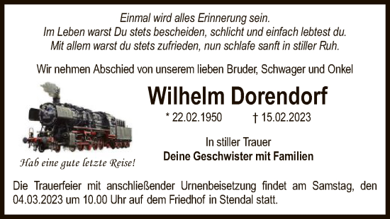 Todesanzeige von Wilhelm Dorendorf von UEL
