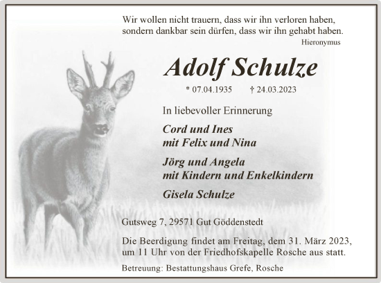 Todesanzeige von Adolf Schulze von UEL