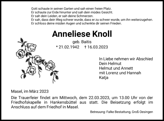 Todesanzeige von Anneliese Knoll von UEL