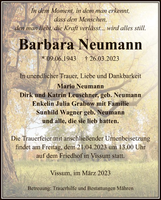 Todesanzeige von Barbara Neumann von UEL