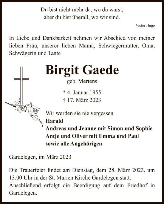 Todesanzeige von Birgit Gaede von UEL