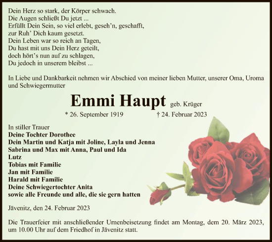 Todesanzeige von Emmi Haupt von UEL