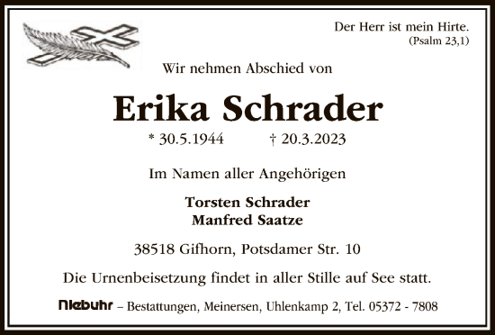 Todesanzeige von Erika Schrader von UEL