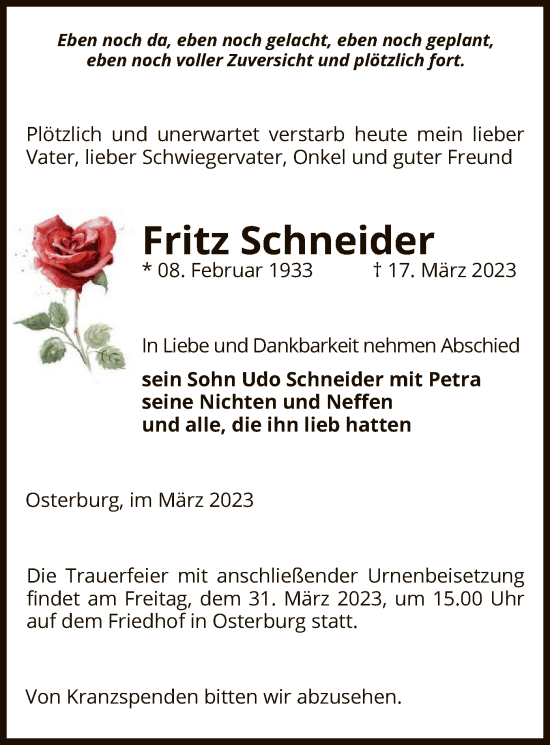 Todesanzeige von Fritz Schneider von UEL