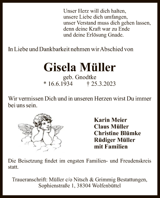 Todesanzeige von Gisela Müller von UEL